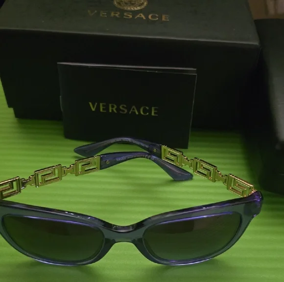 Versace Purple Gradient Cat-Eye Sunglasses with Gold Greek Key Accent - Picture 4 of 10